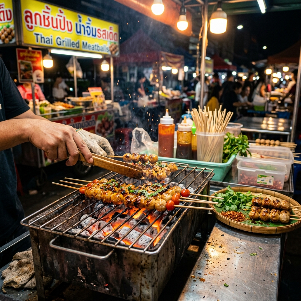 ลูกชิ้นปิ้งเตาถ่านร้อนๆ ราดน้ำจิ้มมะขามสูตรโบราณป้าดาว